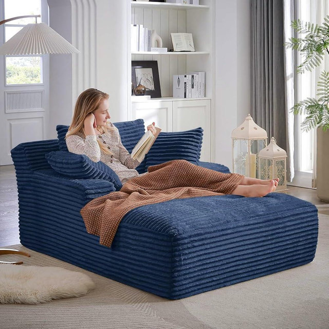 GUANGHONG 50" W Chaise Lounge Chair Indoor, Oversized Upholstered Corduroy Boneless Sofa Bed with 3 Pillows, Deep Seat Sleeper Reading Chair Cloud Couch for Living Room, No Assembly Required