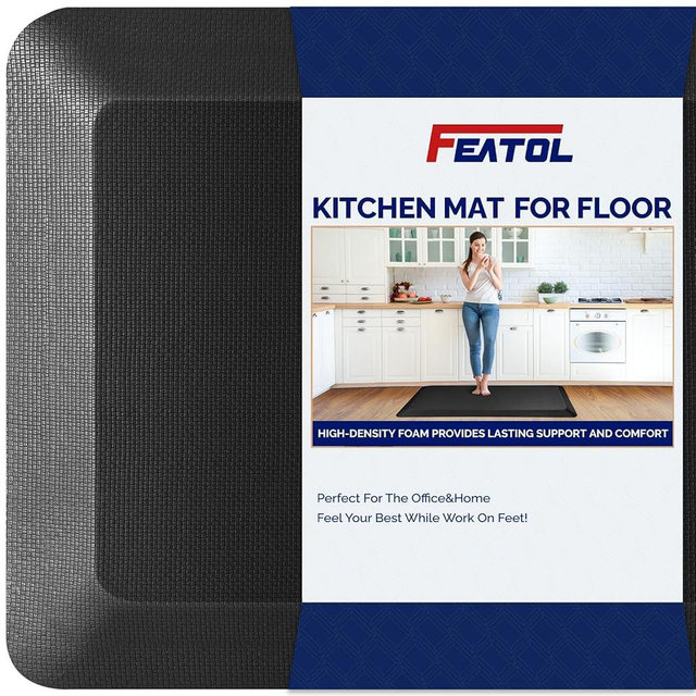FEATOL Anti Fatigue Mat for Kitchen Floor – 9/10 Extra Thick Standing Cushioned Desk Mat Memory Foam, Ergonomic Floor Padded Comfort at Home, Kitchen, Office, Garage – NOT PVC (17" x 24", Black)