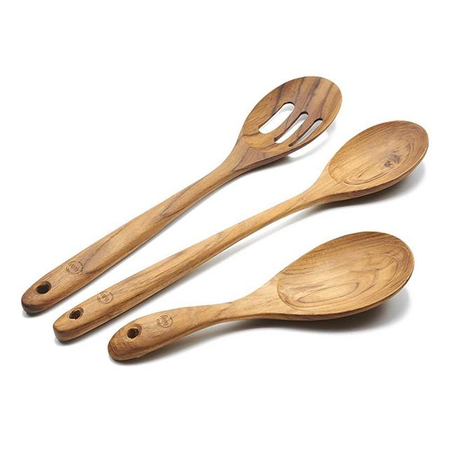 Wooden Spoons, Faay 3-In-1 Handcrafted Teak Kitchen Utensils Including Mixing Spoon, Slotted Spoon and Rice Paddle, 100% Eco Friendly, Healthy Wood Utensil Set w Ergonomic Long Handle