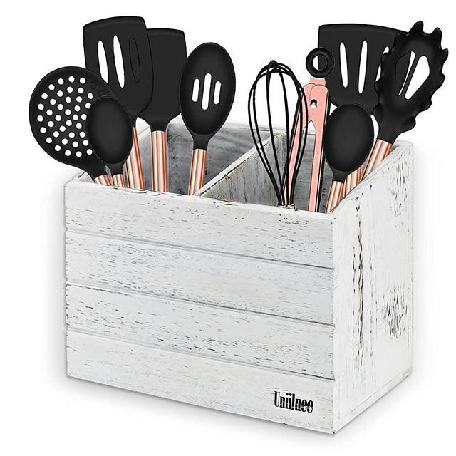 Utensil Holders for Countertop, Decorative Kitchen Utensil Holder With 2 Compartments, Wooden Utensils Caddy With Divider, Large Spatula Organizer Utensil Crock Flatware Organizer