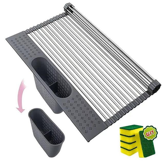 Portable Roll Up Dish Drying Rack Over The Sink Stainless Steel Dish with Utensil Holder Foldable Sink Rack for Kitchen Sink Counter [Dark Grey, 17.4"x 15.2"]