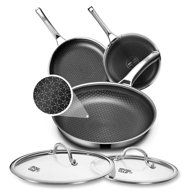 Non Stick Frying Pans Set with 2 Lid, Hybrid Skillet Set Nonstick (8+10+12inch), Pans for cooking, PFOA Free Stainless Steel Kitchen set, Dishwasher and Oven-Safe Cookware Sets