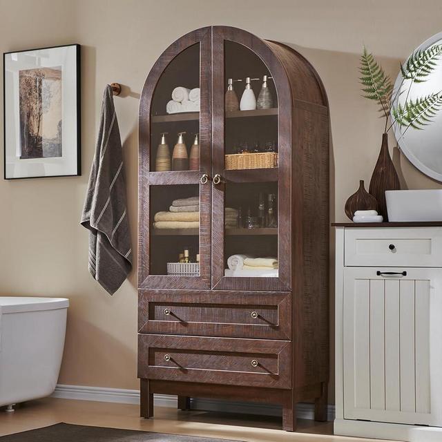 71" Tall Arched Bathroom Storage Cabinet, 4-Tier cabinet w/2 Large Drawers &Adjustable Shelves, Wooden bathroom Floor cabinets w/Glass Doors, Modern Farmhouse Versatile Cabinets for bathroom, Brown