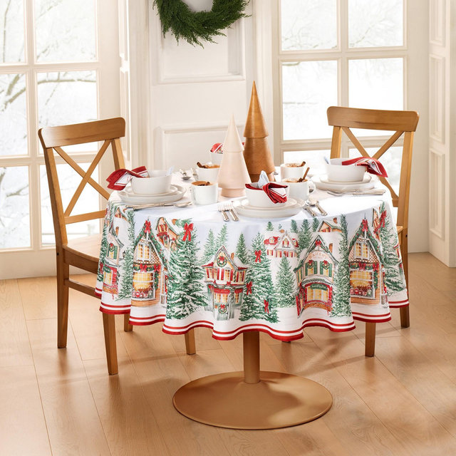 Storybook Christmas Village Holiday Round Tablecloth - Mulicolor - 70" Round - Elrene Home Fashions