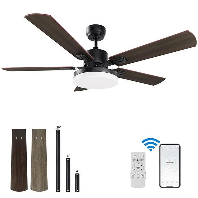 Samyoung 52” Ceiling Fan with Lights Remote Control Modern Indoor & Outdoor Ceiling Fan Low Profile Smart Ceiling Fan with 3 Downrods (4"/8"/20”), Reversible Blades and Motor, Compatible with Alexa, Siri, Google & Smart App