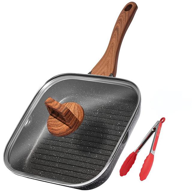 ESLITE LIFE Nonstick Grill Pan for Stove Tops with Lid Induction Steak Bacon Pan with Silicone Kitchen Tong and Pour Spouts Granite Coating, 11 inch