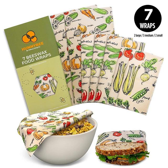 HUNNYBEE Reusable Beeswax Food Wrap (7 Packs), Zero Waste, Beeswax Wrap, Eco Friendly, Organic, Bees Wax Food Storage Wrappers Cling Sandwich, Alternative To Plastic Bags, Sustainable Product