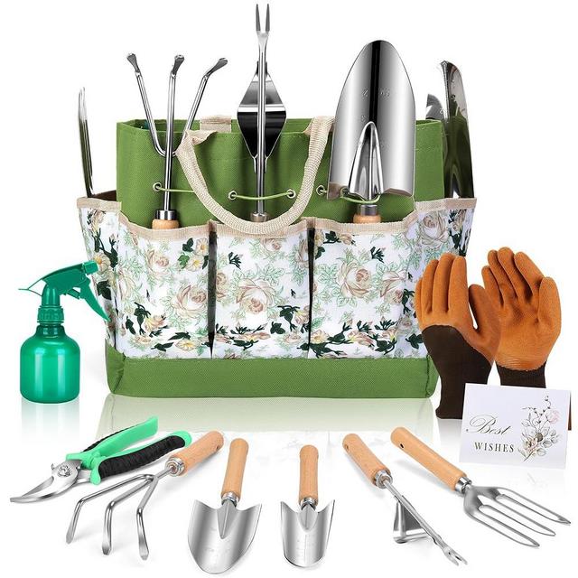 Garden Tools Set 10-Piece, Heavy Duty Stainless Steel Garden Hand Tools with Floral Tote Bag - Rust-Proof Garden Tools for Gardening, Gardening Gifts for Women Mom​