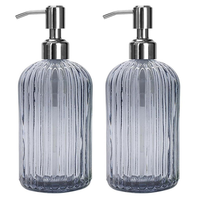 owandan Grey Glass Soap Dispenser 18 oz, 2 Pack Hand Dish Soap Dispensers Bathroom with Stainless Steel Pump, Refillable Kitchen Liquid Decorative Bottles for Hand Sanitizer, Lotion
