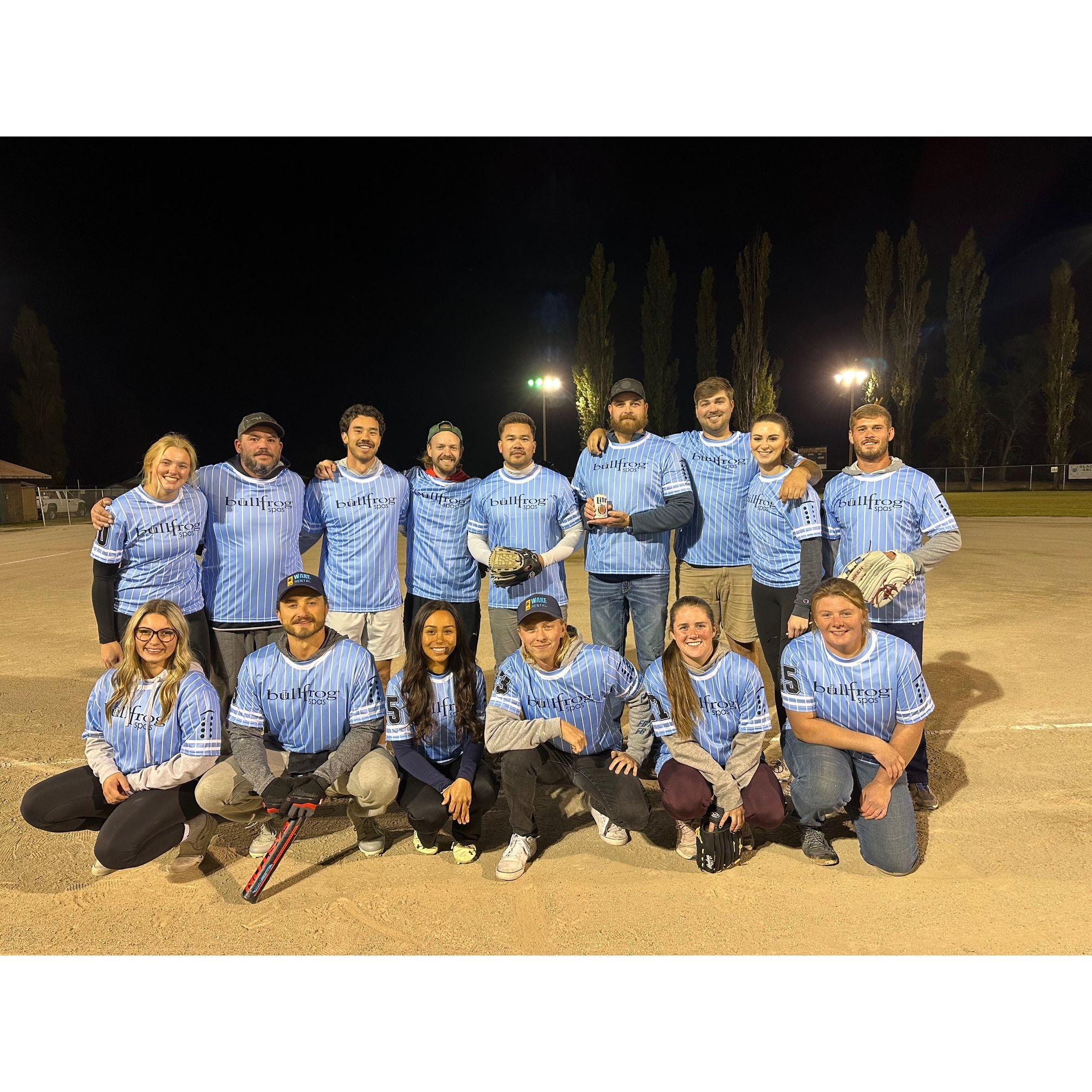 In the fall we have tons of fun playing on a slow pitch softball team with friends and Christina's brothers