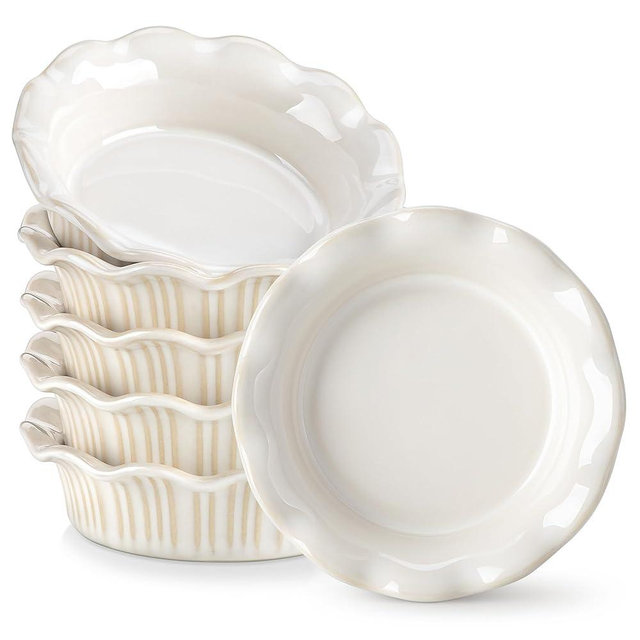 vancasso Mini Pie Pans Set of 6, 5.2 Inch Ceramic Deep Dish Pie Plates with Ruffled Edge for Baking, Microwave & Oven Safe, White