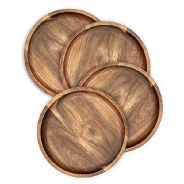 Wood Plate Set of 4, Natural Rustic Acacia 10" Round Hardwood Platter, Handcrafted, Versatile Durable Sustainable Dinnerware, For Daily Use or as Picnic & Poolside Server.