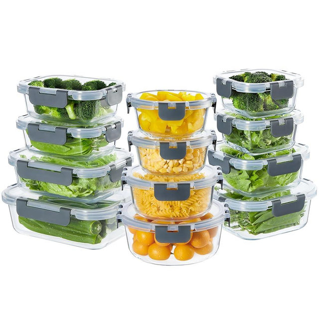 Wancilock 24 Pieces Glass Meal Prep Containers, Glass Food Storage Containers with Lids, Reusable Airtight Leakproof Lunch Bento Boxes Freezer, Microwave Oven and Dishwasher, Gray