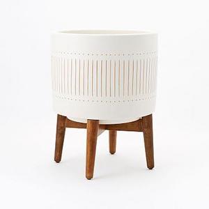 Mid Century Turned Wood Leg Planter, White + Gold, Wide