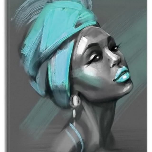LB African American Women Canvas Wall Art, Beauty Black Woman Teal Hair Canvas Art, Abstract Minimalist Painting Wall Decor for Living Room Bedroom Bathroom Home Decor Ready to Hanging 16x20 Inch