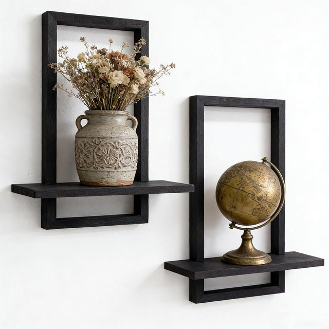 Floating Shelves, Solid Wood Wall Mounted Shelves Set of 2 (L+S), Square Framed Modern Heavy Duty Decorative Display Wall Shelves for Bathroom, Living Room, Bedroom, Kitchen, Home Office, Black