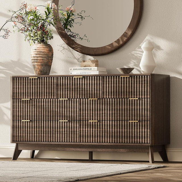 TROJM 54'' Wide 7 Drawers Dresser for Bedroom,Modern Fluted Vertical Chest with Rounded Corners,Fluted Dresser for Living Room,Hallway, Walnut