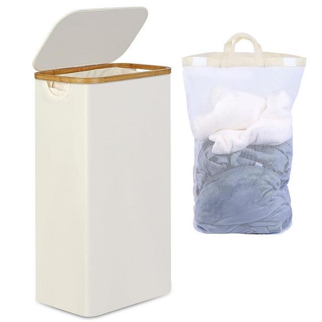efluky Slim Laundry Hamper with Lid, Narrow Laundry Hamper with Removable Bag, Collapsible Dirty Clothes Basket with Handles for Bathroom, Bedroom & Laundry Room, 75L Beige