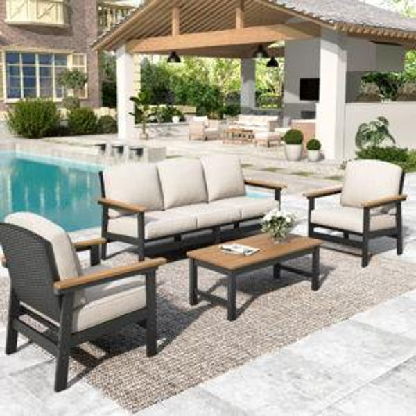 Patio Furniture Set, 4-Piece HDPE & Wicker Outdoor Conversation Set with Thick Cushions and Coffee Table, Black