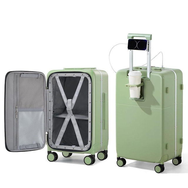 Hanke 20 Inch Carry On Luggage with Cup Holder and Charge,Top Opening Hard Shell Suitcases with Wheels and Dividers,Aluminum Frame Trunk Luggage Small Suitcase with Lock for Travel,Bamboo Green