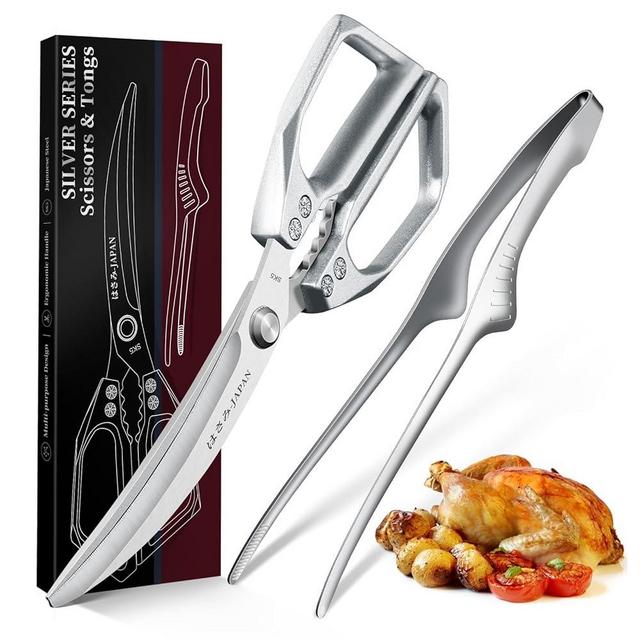 HUUSK Kitchen Scissors and Cooking Tong Set - Silver Kitchen Shears for Food with Stainless Steel BBQ Tongs, Japanese Style Dishwasher Safe Meat Scissors for all Purpose