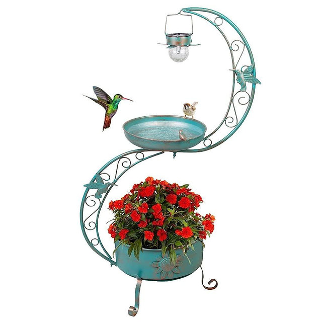 DREAMSOUL Bird Bath with Flower Planter Pedestal, 36" Bird Baths for Outdoors with Solar Lighting Lamp, Vintage Birdbath for Garden Yard Patio Lawn Decor