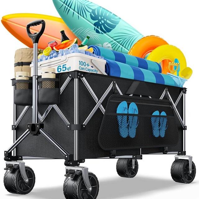 Collapsible Wagon, 440 lbs Foldable Utility Wagon Cart with Big Wheels, Heavy Duty Folding Wagon for Beach/Garden/Camping/Grocery-Black