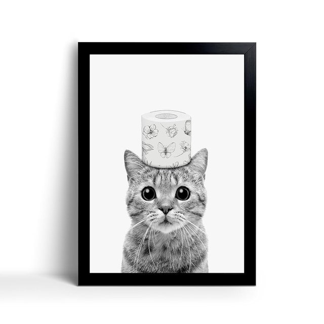 Toilet Paper Prints - Cute Cat Wall Art - Funny Black and White Decor, Canvas Wall Art for Bathroom