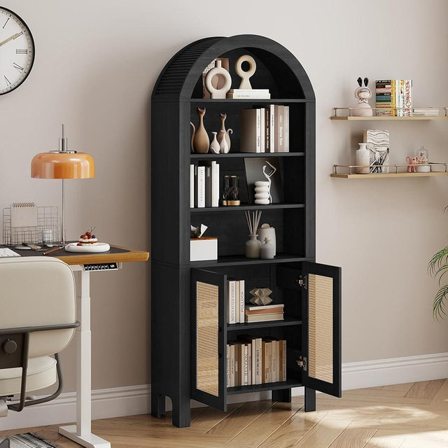 Aivermeil Arched Bookcase with Doors, 71" Tall Arched Bookshelf, Mid-Century Modern Arched Cabinet Bookcase with Storage & Adjustable Shelves, Arch Bookshelf for Living Room Kitchen Office, Black