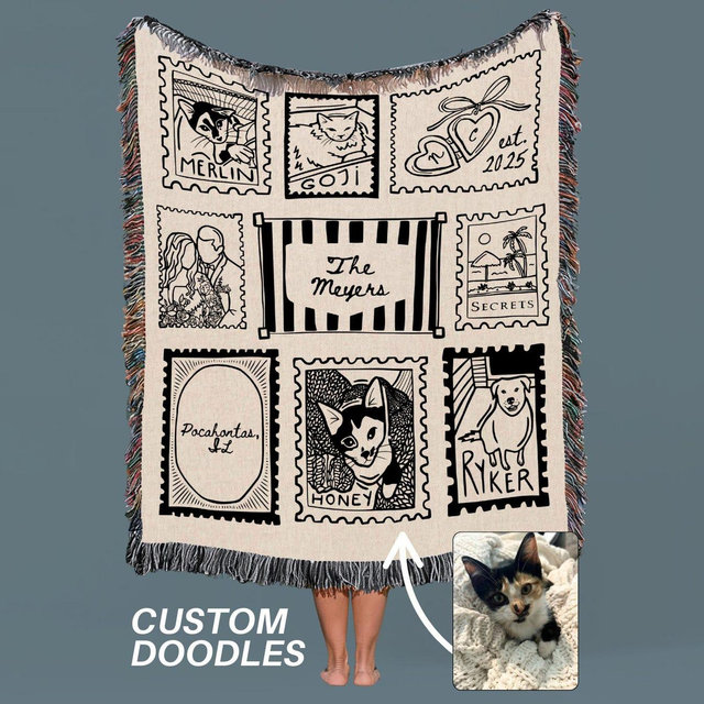 Custom Couple Blanket Wedding Gift Newlywed Personalized Family Name Keepsake Engagement Gift Pet Portrait Woven Throw Cotton Anniversary