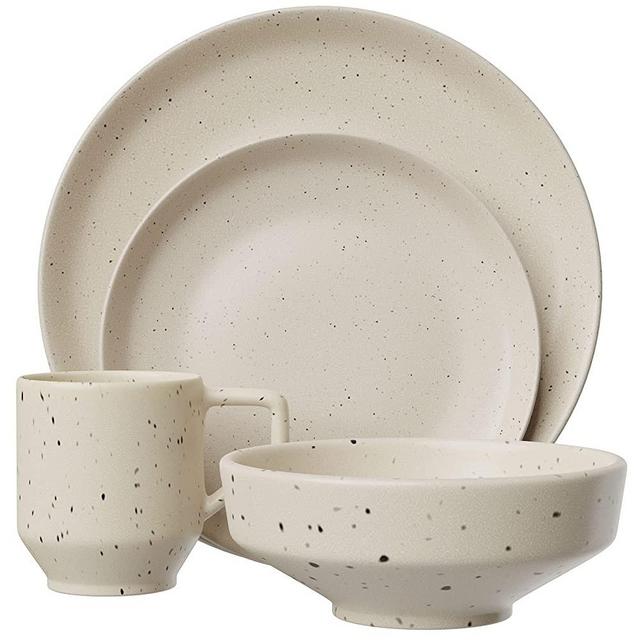 American Atelier Reactive 4-Piece Stoneware Place Setting | Coffee Mug, Bowl, Plate Set | Stoneware Dinnerware Set | Microwave, Dishwasher Safe | Service for 1 | Speckled Cream