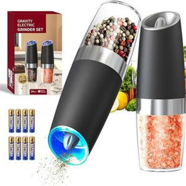 (BLACK) CIRCLE JOY Gravity Electric Salt and Pepper Grinder Set Automatic Salt and Pepper Grinder Set with LED Light, Battery Operated, Adjustable Coarseness, Large Capacity, for Home Kitchen BBQ, Black
