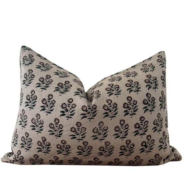Linen Block Print Pillow Cover, Floral Pillow Cover, Cottage Core