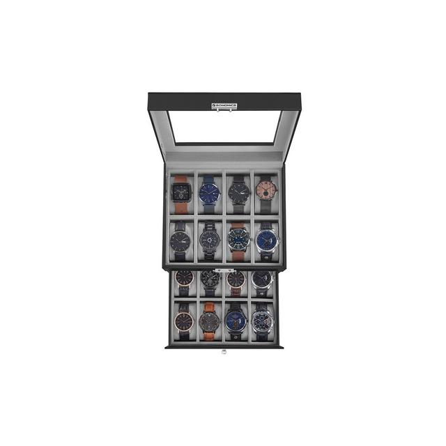 SONGMICS 16-Slot Watch Box Watch Case with Glass Lid 2 Layers Lockable Watch Display Case Black Synthetic Leather Greenish Gray Lining