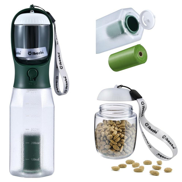 Cibaabo Dog Water Bottle with Food Container & Poop Bag Holder, Travel Water Bowl, Portable Pet Dispenser, Dog Gifts Stuff Accessories Items, Puppy Essentials for Yorkie Chihuahua Walking Hiking