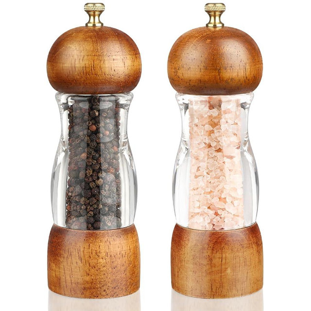Wood Salt and Pepper Grinder, Manual Salt Grinder and Pepper Mill Refillable, Wooden Shakers with Adjustable Ceramic Grinders - 6 inches, 2 Pack