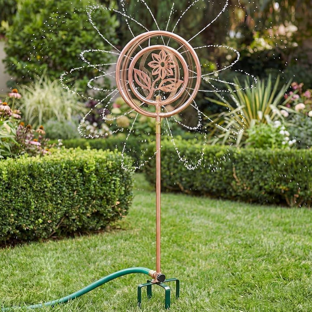 LemonRoad 1 Pack 41.4" H Garden Sprinklers Stainless Steel Ornamental Sprinkler 360 Degrees Motion Activated Decorative Sprinkler for Water Feature, Garden Art, and Lawn Art (Flower Style,Brass)