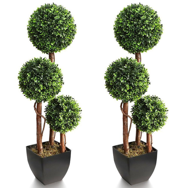 Outdoor Artificial Boxwood Ball Topiaries Trees, 3ft Fake Topiary Triple Ball Boxwood Tree 2 Packs, Faux Shrubs Green Plants Detachable Sphere Potted Decor Indoor Porch or Garden（35inch）