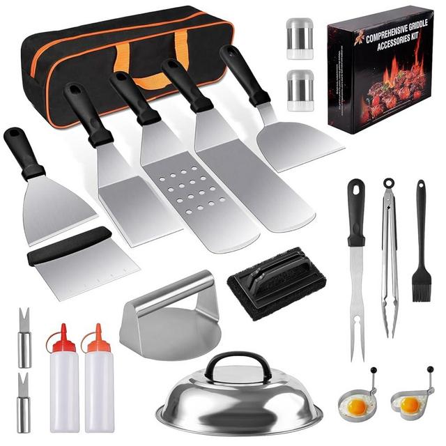 22PCS Blackstone Griddle Accessories, Flat Top Grill Accessories for Blackstone and Camp Chef, Griddle Spatula Set with Metal Spatula, Enlarged Spatulas, Basting Cover, Scraper for Outdoor Barbecue