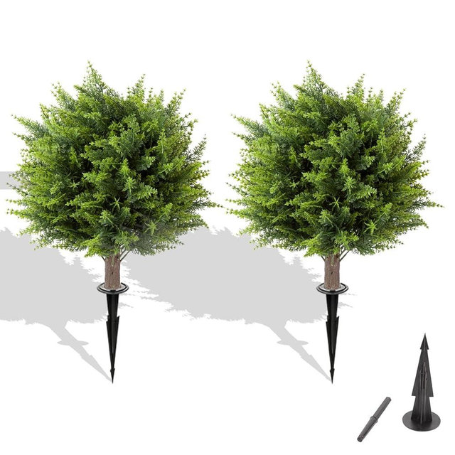PRIMAISON Artificial Cypress Topiary Ball, Faux Set of 2 Cedar Trees UV Resistant with Ground Spike, Fake Evergreen Shrubs Bushes Plants for Outdoor Front Porch Decor