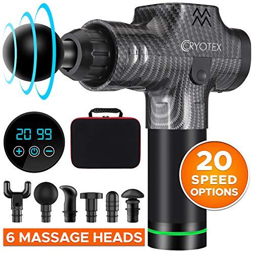 Cryotex Massage Gun – Deep Tissue Handheld Percussion Massager – Six Different Heads for Different Muscle Groups - 20 Speed Options