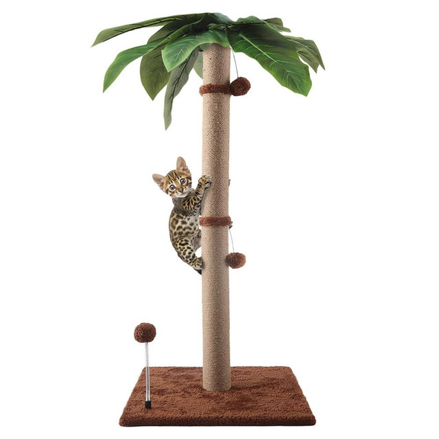 34'' Cat Scratching Post for Average Cats, Brown Palm Cat Tree, Cat Scratcher for Indoor Cats with Hanging Toy Balls for Large Cats and Kittens