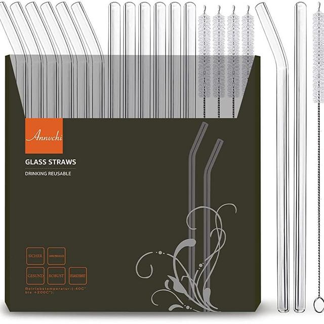 Reusable Drinking Straws Glass Clear 12-Pack, with 4 Cleaning Brush Size 8.5''x10 MM Set of 6 Straight and 6 Bent - Perfect for Cocktail Glass, Smoothies, Tea, Juice, Milkshakes