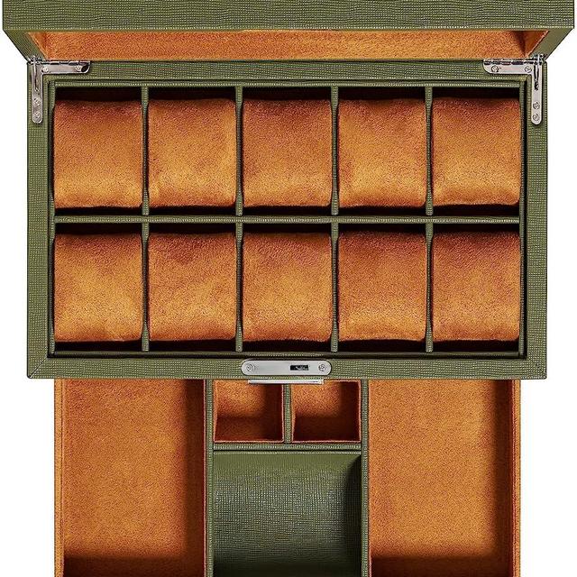 ROTHWELL 10-Slot Watch Box in Leather with Valet Drawer, Luxury Watch Case Display Organizer with Ultra Soft Microsuede Liner, Jewelry and Sunglass Holder With Large Glass top (Green/Tan)