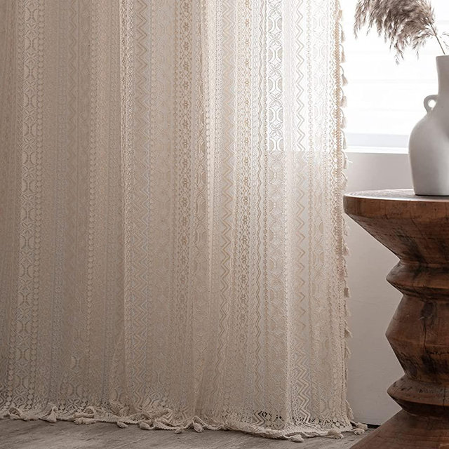 JOOJA 2 Panels Boho Windows Sheer Curtains Crochet Vintage Cotton Tassel Window Curtains Panels for Bedroom Living Room (Crochet Beige Waves, 59x84)