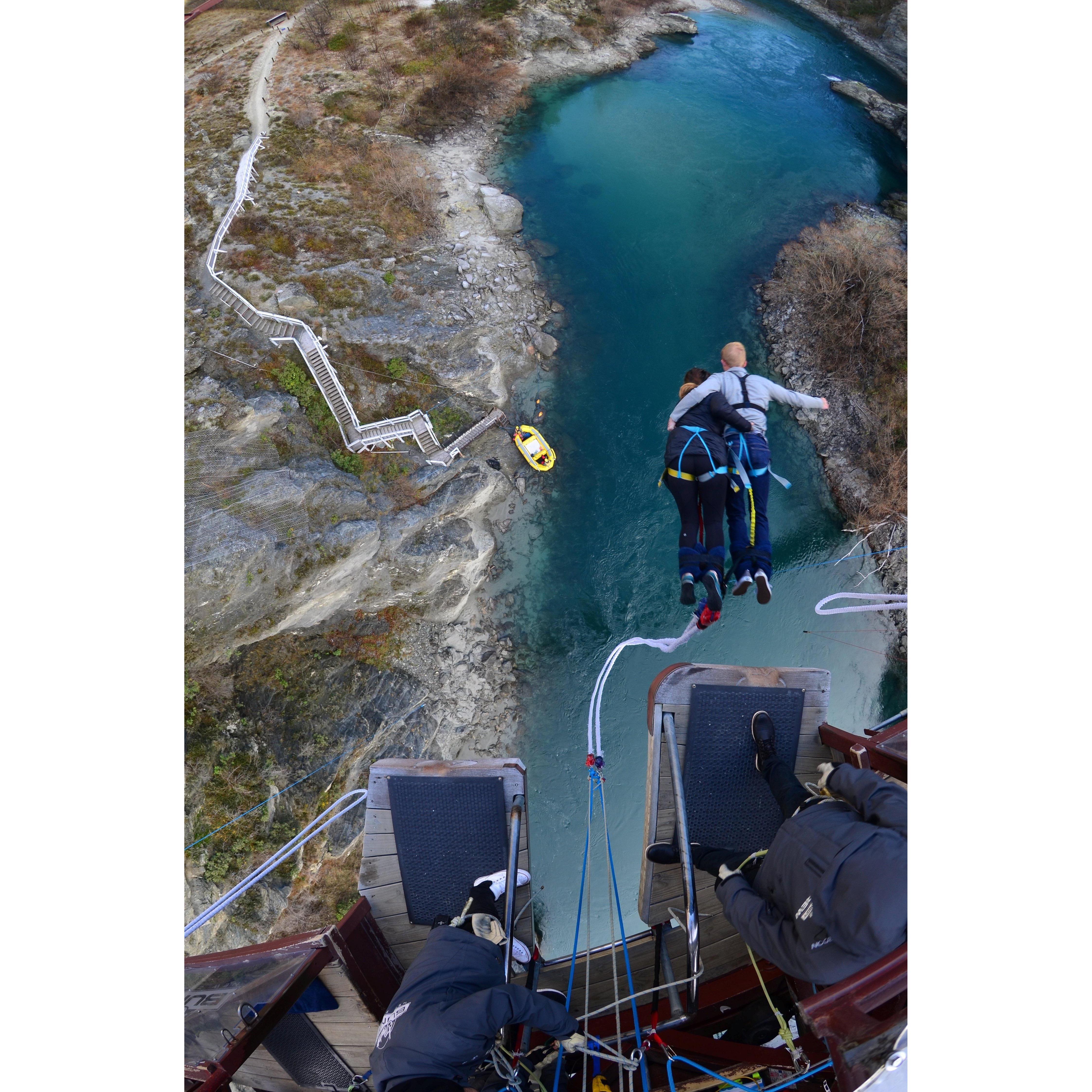 Bungee jumping on our New Zealand trip after graduating college!
