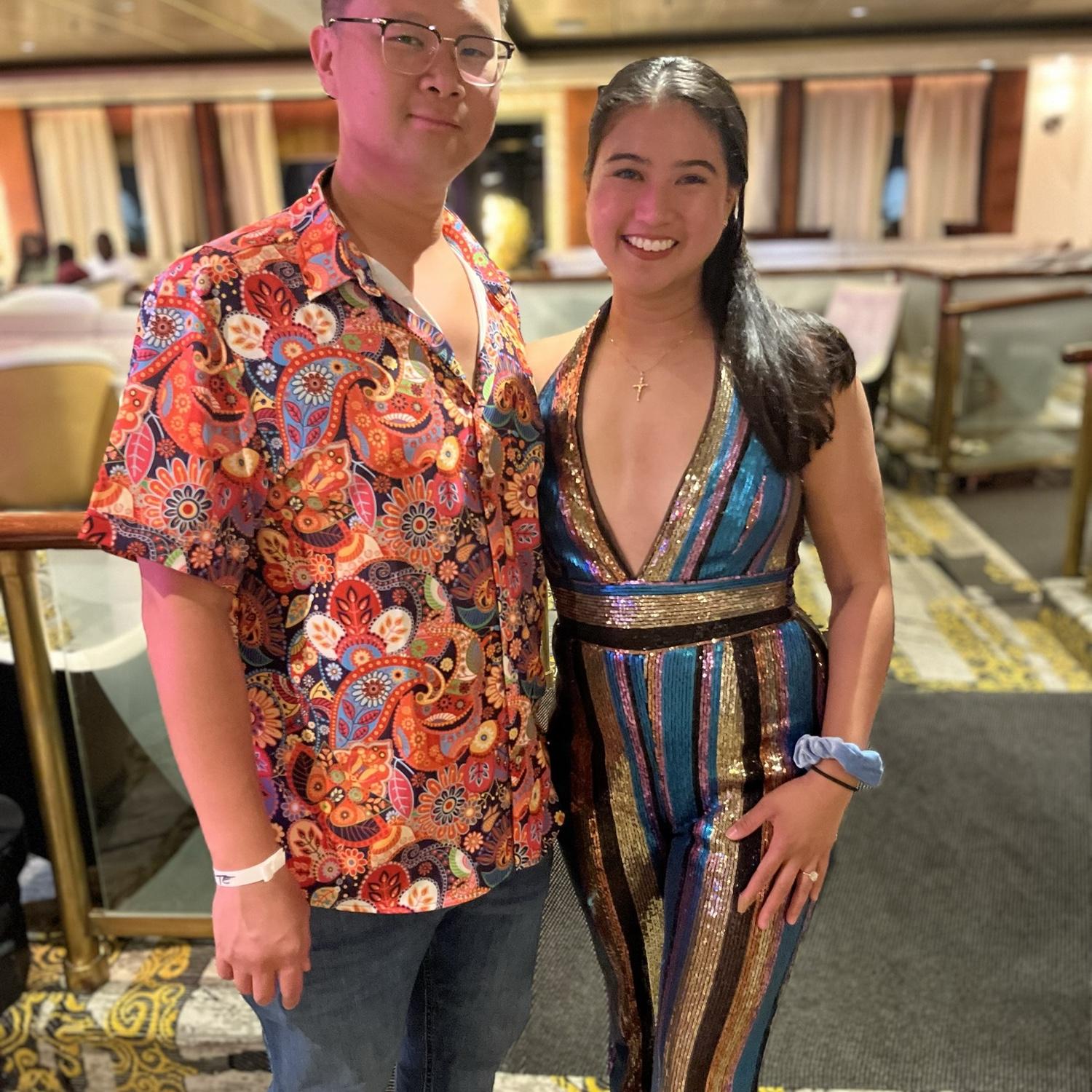 Vince’s first cruise for my best friend Kristin’s (a bridesmaid) wedding as she married her love. We are dressed up for 70s night, April 2024