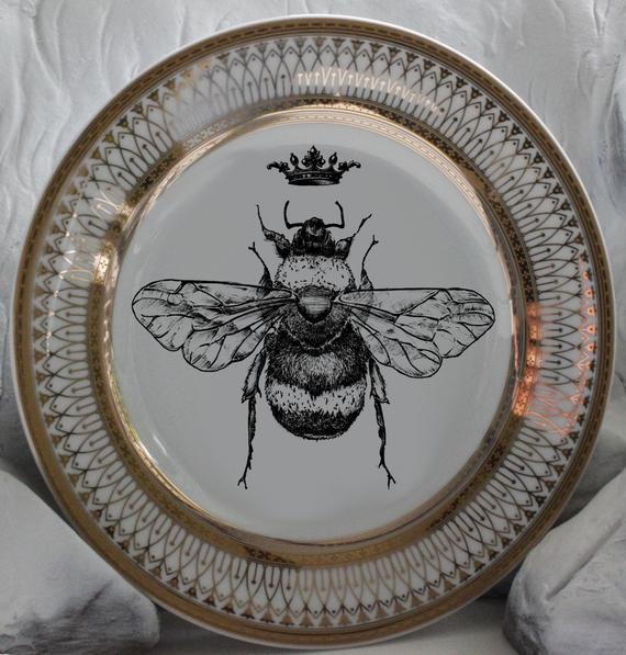 Beautiful Gold Queen / Royal Crown Bee Dinnerware / Plates, Bumblebee Dishes, Honeybee, Discounts on Larger Orders, Payment Plans Available