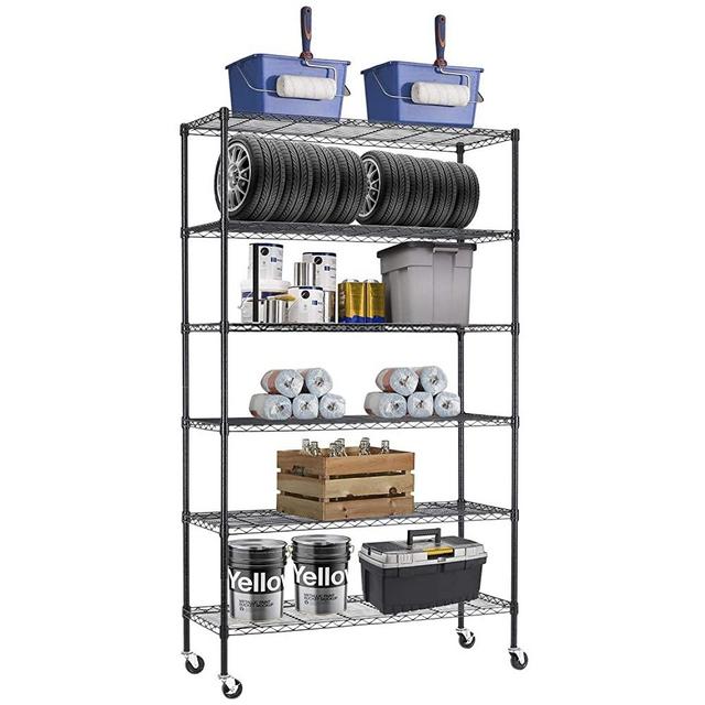 48" L×18" W×82" H Wire Shelving Unit Metal Shelf with 6 Tier Casters Adjustable Layer Rack Strong Steel for Restaurant Garage Pantry Kitchen Garage，Black