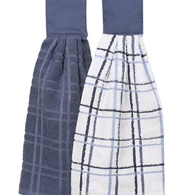Ritz Kitchen Wears 100% Cotton Checked & Solid Hanging Tie Towels, 2 Pack, Federal Blue, 2 Piece